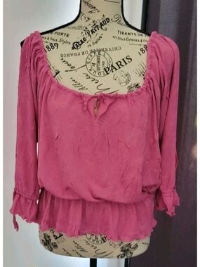 Vintage PRETTY GIRL Pink Peasant Blouse With Slit Sleeves And Ruffles